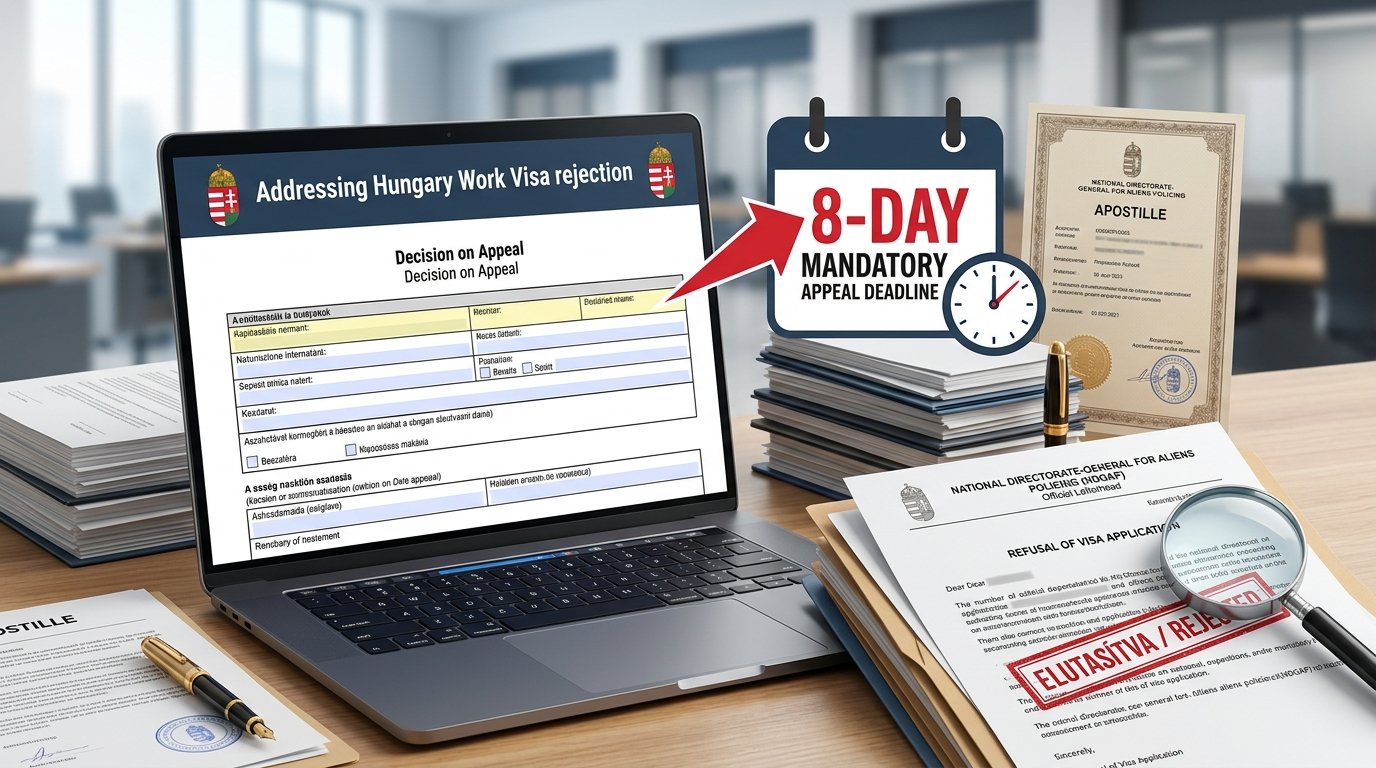 Hungary work visa refusal letter and NDGAP appeal document layout with 8-day deadline alert on laptop screen