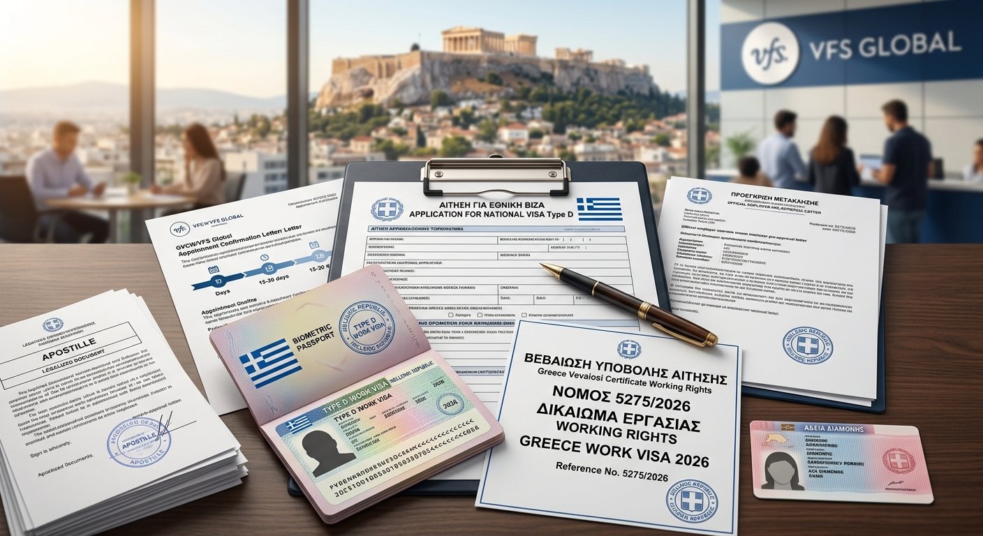 greece work visa processing time 2026 checklist, type d visa passport, and vevaiosi working rights certificate