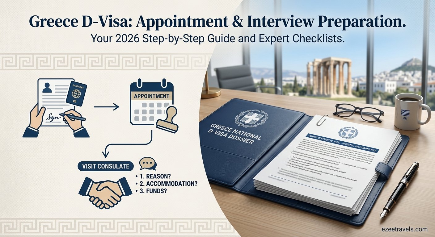 Greece D-Visa appointment booking, document checklist dossier, and consular interview preparation guide banner.